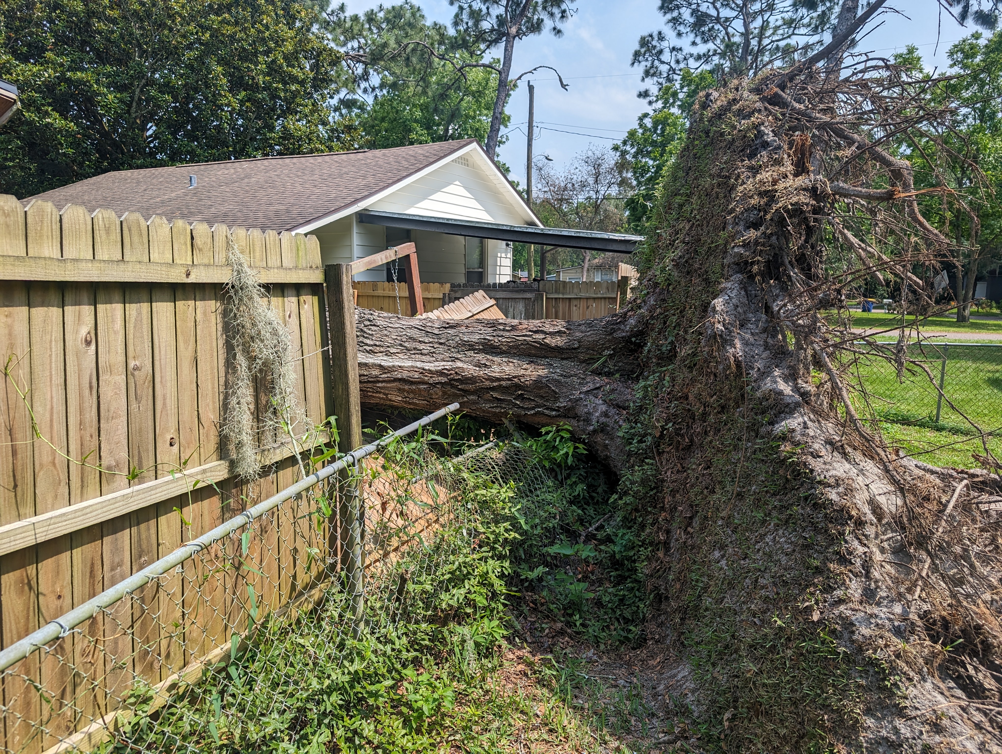 Tree removal crew working on emergency storm damage cleanup