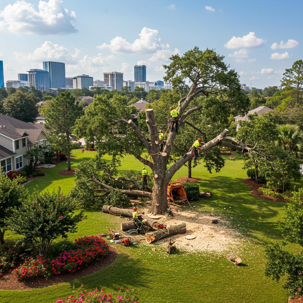 Arborists work together to safely remove a large tree in a residential area